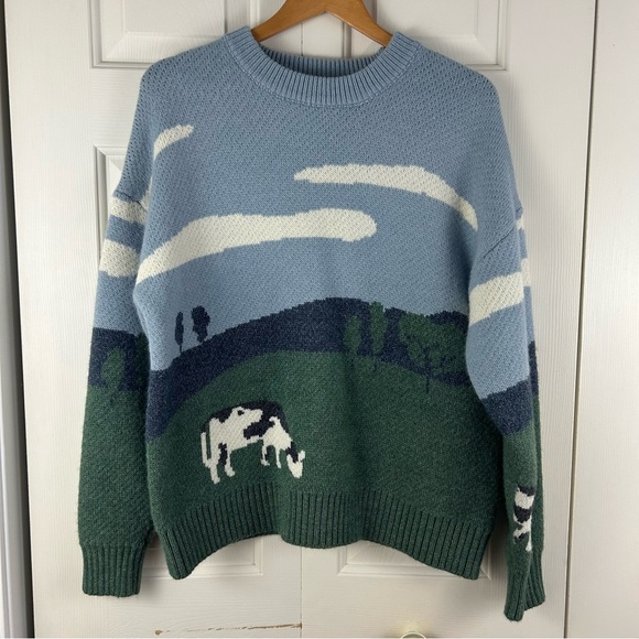 Aelfric Eden Cow Pasture Sweater Size Small Grazing Blue Green Prairie